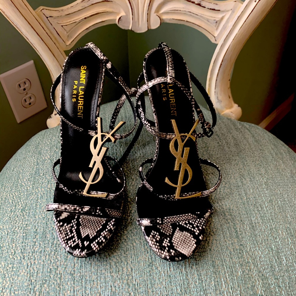 YSL black and white snake print sandals